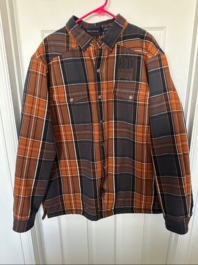Harley-Davidson Men’s Orange and Black Plaid Button-Up Jacket